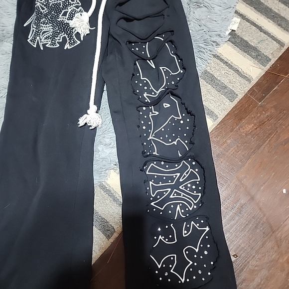 100% Cotton Rhinestone Crytal Wide Leg Pants French Terry Washed Mens Trackpsnts - Picture 9 of 10